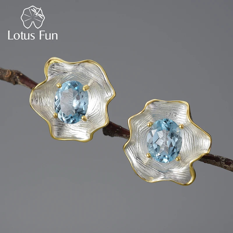 Lotus Fun Natural Topaz Gemstone Curled Leaf Stud Earrings for Women 925 Sterling Silver Vintage Baroque Style Luxury Jewelry