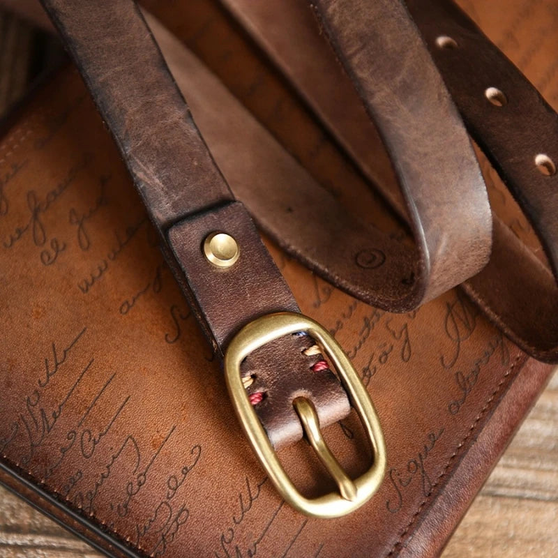 Retro Narrow Genuine Leather Women's Belt Pure Copper Button Western Cowboy Style Versatile Jeans Belt Fashion Luxury Women Belt