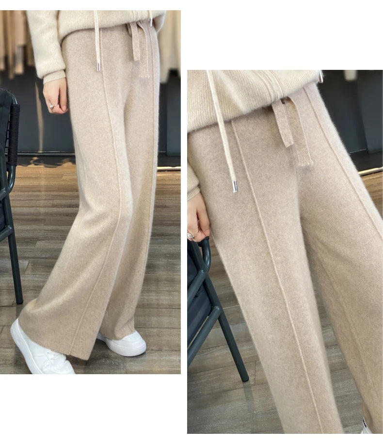 Women's Cashmere Pants 100% Merino Wool Broadfoot Pants Women's Knit Loose Knit Pants Fall/Winter 2024 Women's Thick Pants