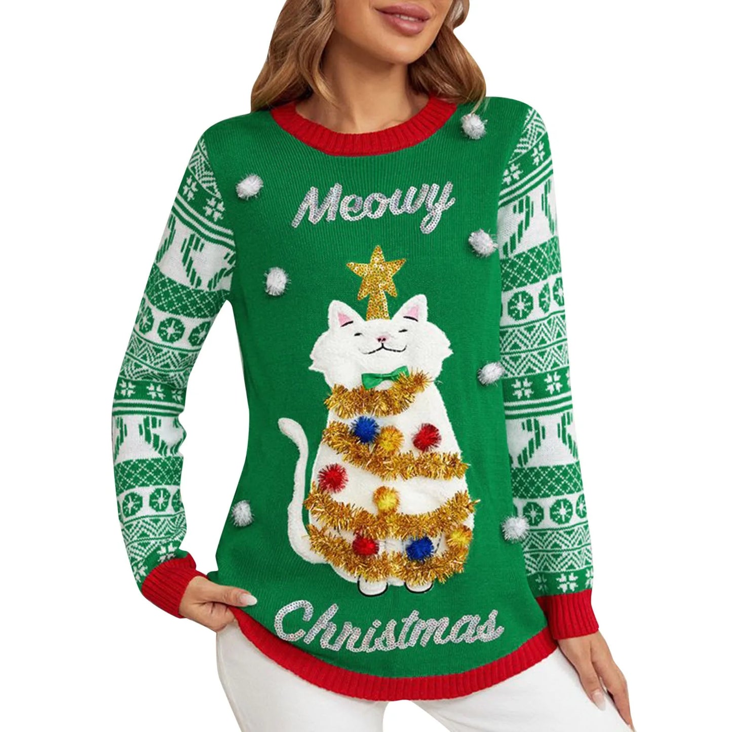 Sweater Women Christmas 2024 Ugly Sweater New Cartoon Cat Print O-Neck Autumn Winter Thick Loose Knitwears Tops Xmas Pullover