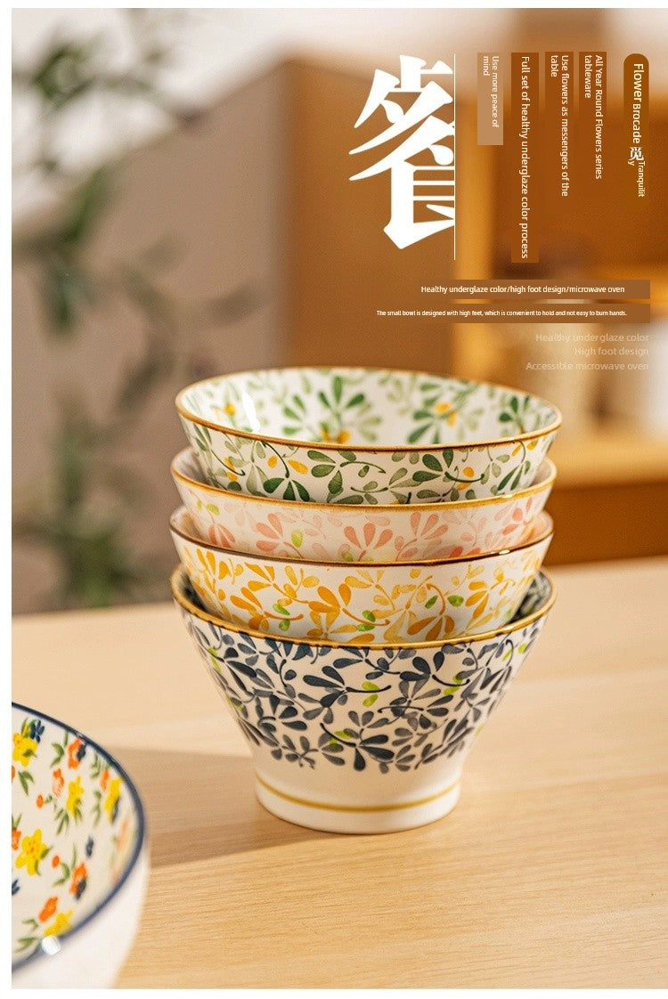 Modern Housewife Japanese Style All Year Round Flowers Ceramic Bowl For Home Rain-Hat Shaped Bowl Especially Beautiful Rice Bowl for Personal Use