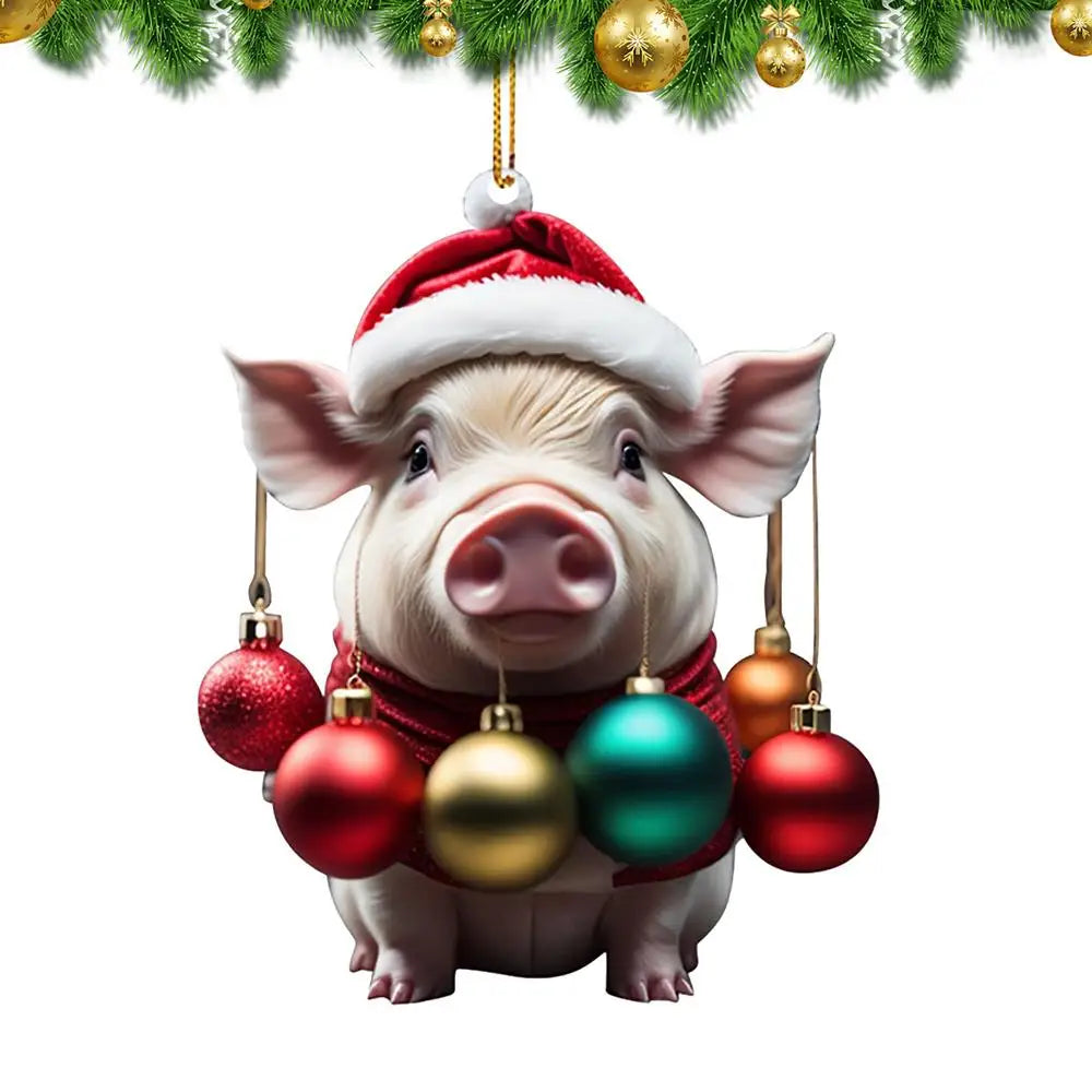 2D Acrylic Funny Pig Pendant With Lanyard Cute Cartoon Christmas Ornaments For Trees Doors Party Supplies Home Decoration