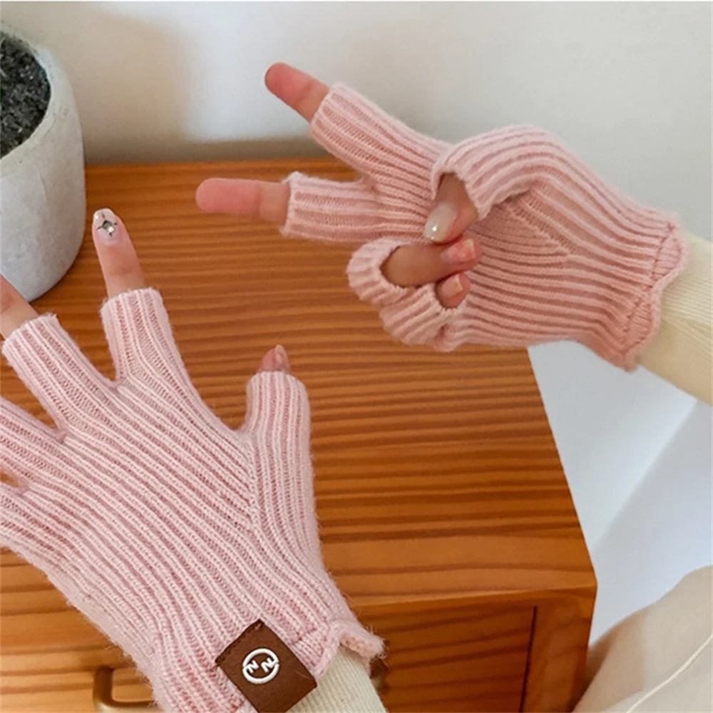 Women's Solid Color Knitted Warm Gloves Winter Half Finger Touch Screen Mittens Outdoor Cycling Stretch Gloves for Adult Couples