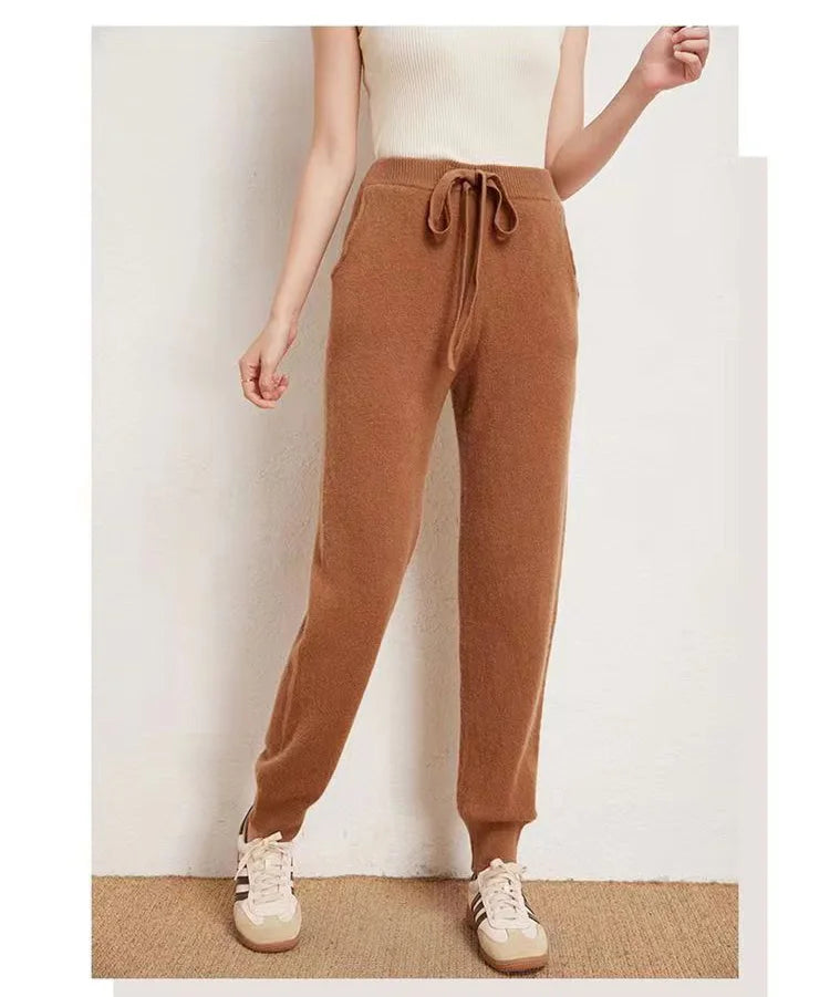 Women's 100% Wool Knitted Trousers, Casual Sports Sweatpants, Korean Version, Small Leg Pants, Female Cashmere Pants, Fashion