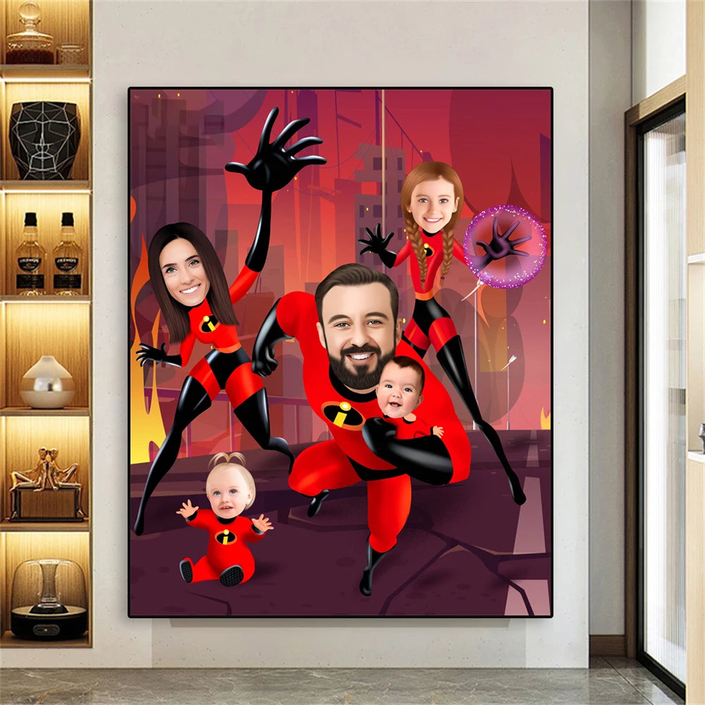 Funny Custom Poster The Incredibles Family Portrait Personalized Superheroes Family Cartoon Canvas Painting Best Gifts Wall Art Valentines Gift