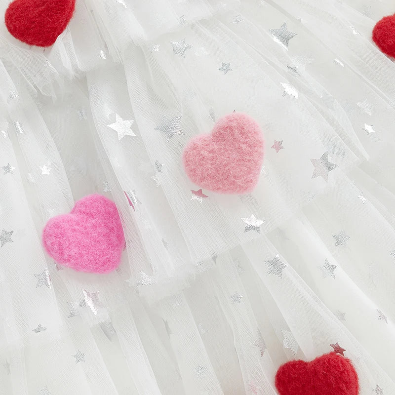 Kids Girl Fashion Valentine Day Dress Star Print Square Neck Sleeveless Layered Tulle Dress with 3D Heart for 1-9 Years Valentines Gift