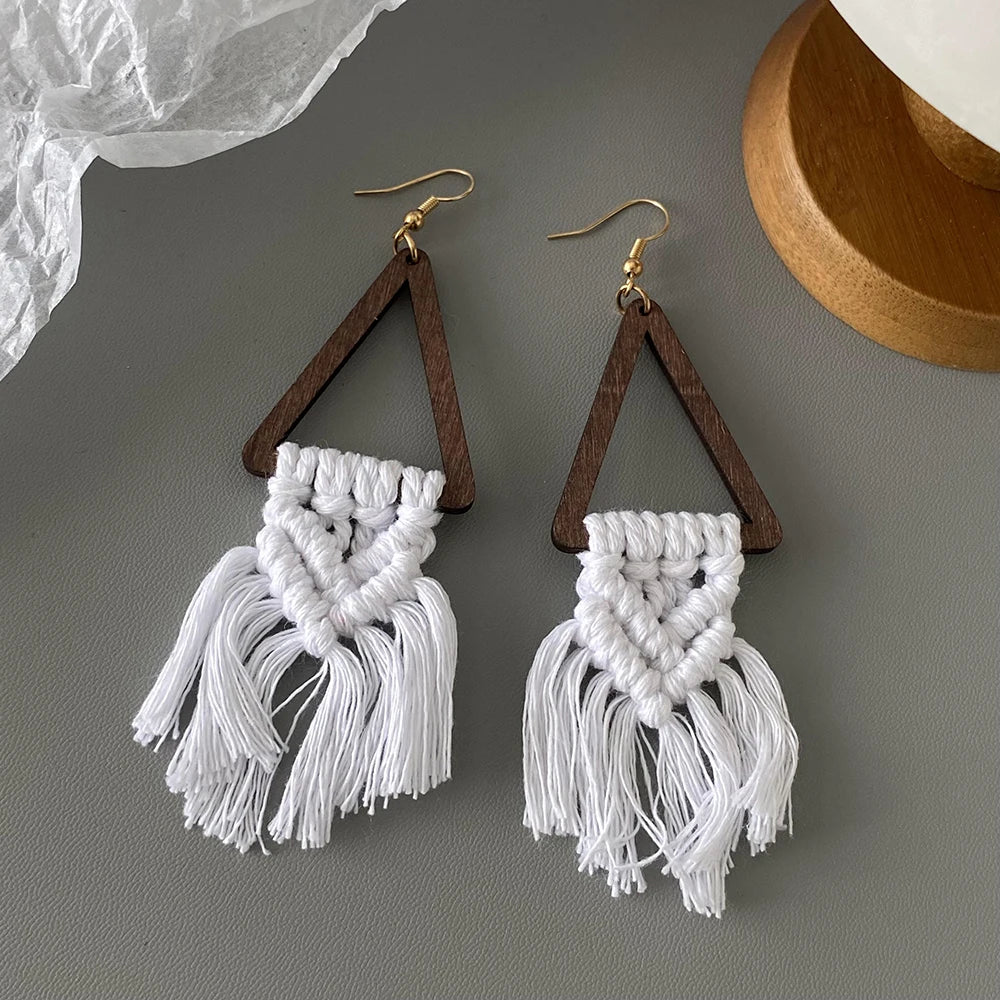 AENSOA Handmade White Rattan Knit Braided Tassel Earrings for Women Geometric Wooden Polymer Clay Leaf Drop Earrings Jewelry