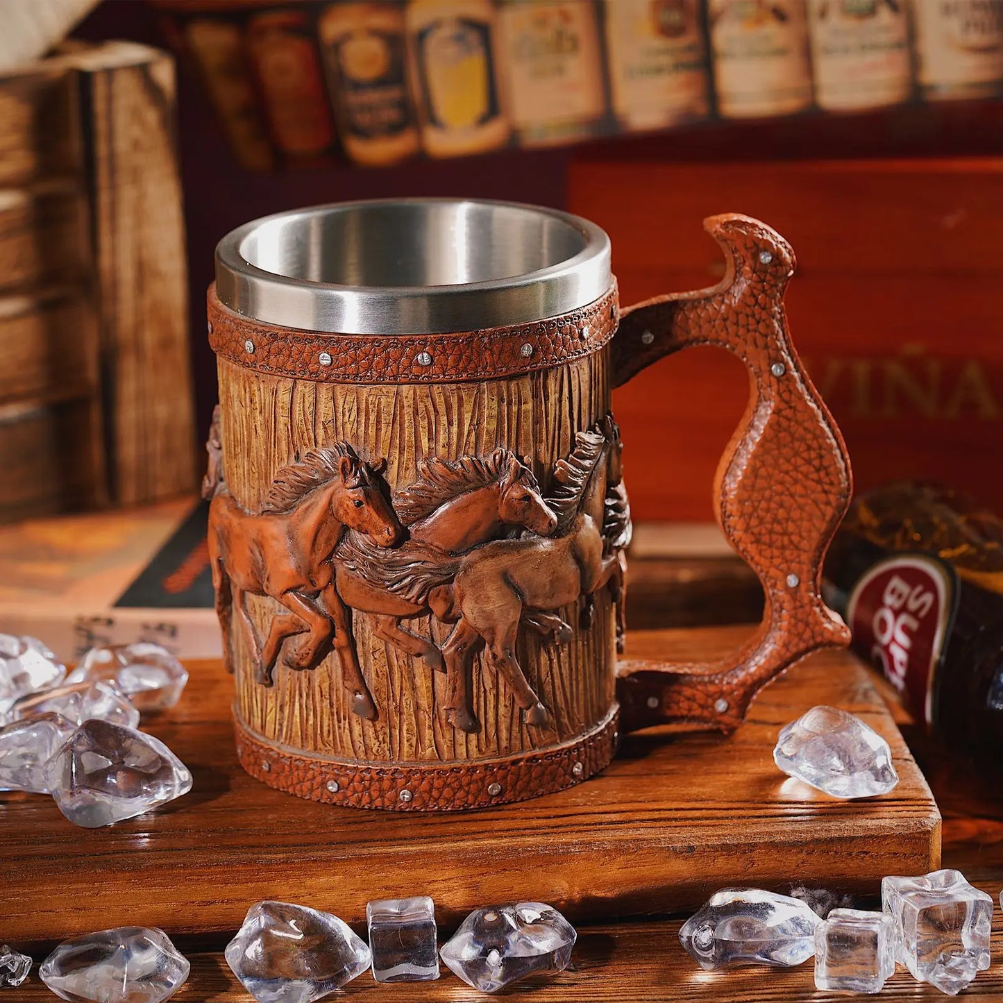 3D Handmade Beer Mug Wood Stainless Steel Cup Running Horses Simulation Wooden Barrel Double Wall Vintage Bar Accessories