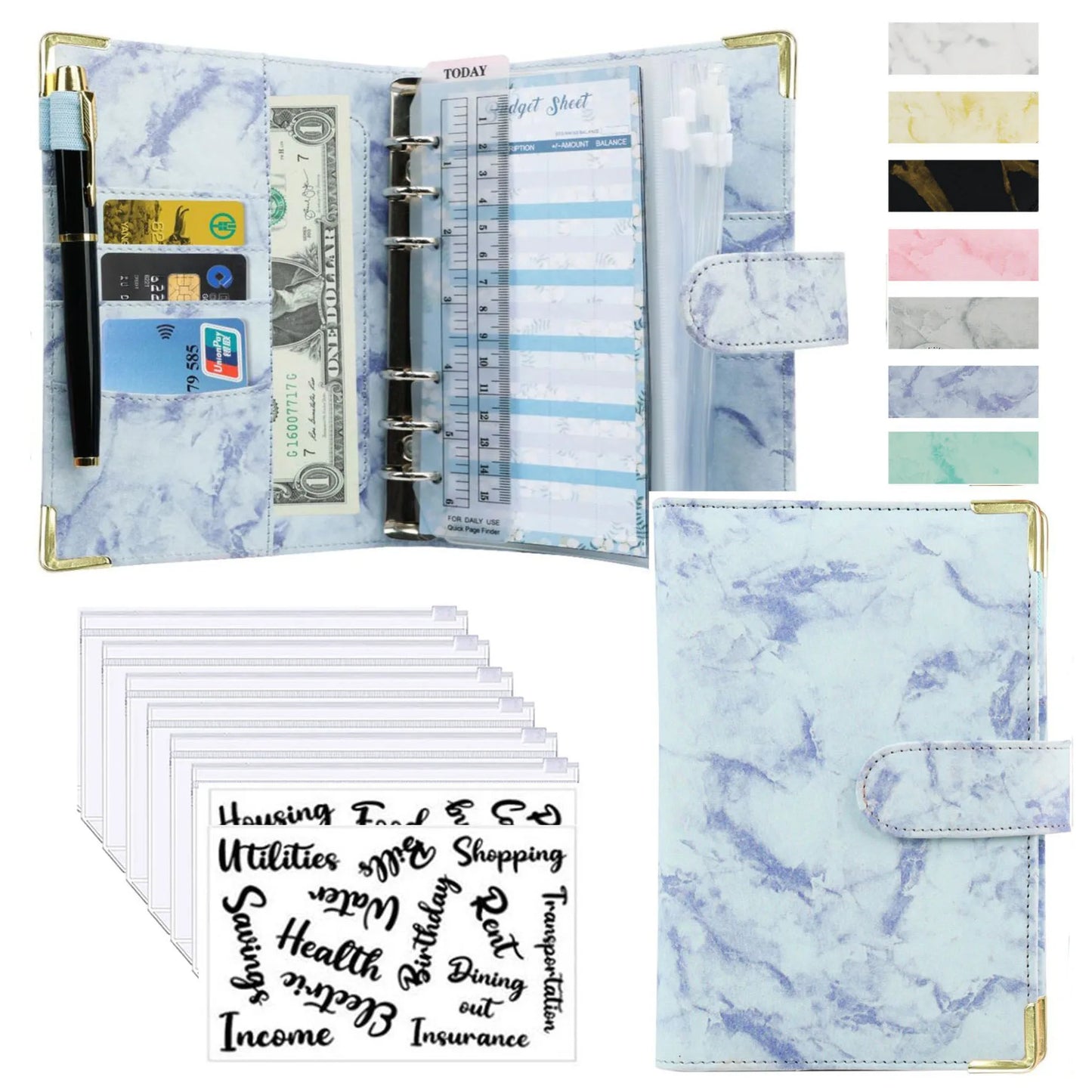 A6 Money Saving Organizer PU Leather Budget Binder Marble Notebook Budgets Planner 2023 Envelope Office School Supplies Valentines Gift