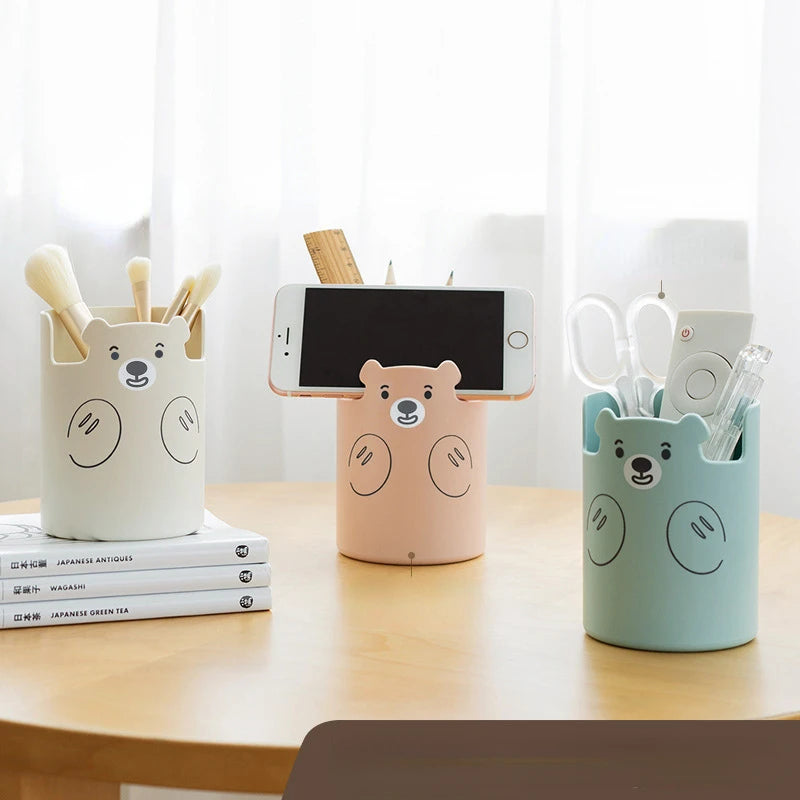 Kawaii Bear Pen Pencil Pot Holder Brush Storage Container Desk Organizer Multifunction phone holder Stationery Office Supplies