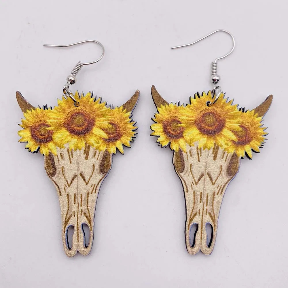 Western Cowboy Wood Earrings Boots Hat Pendant Earrings Sunflower Cow Skull Cowboy Hat Boot Drop Earrings for Women Jewelry