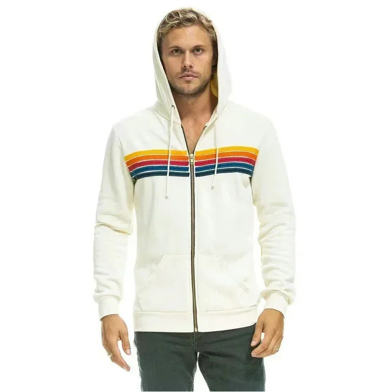 Autumn Unisex Women's Aviator Nation Long Sleeve Hooded Sweatshirts Casual Zipper 5 Stripe Rainbow Hoodies Jacket Coat