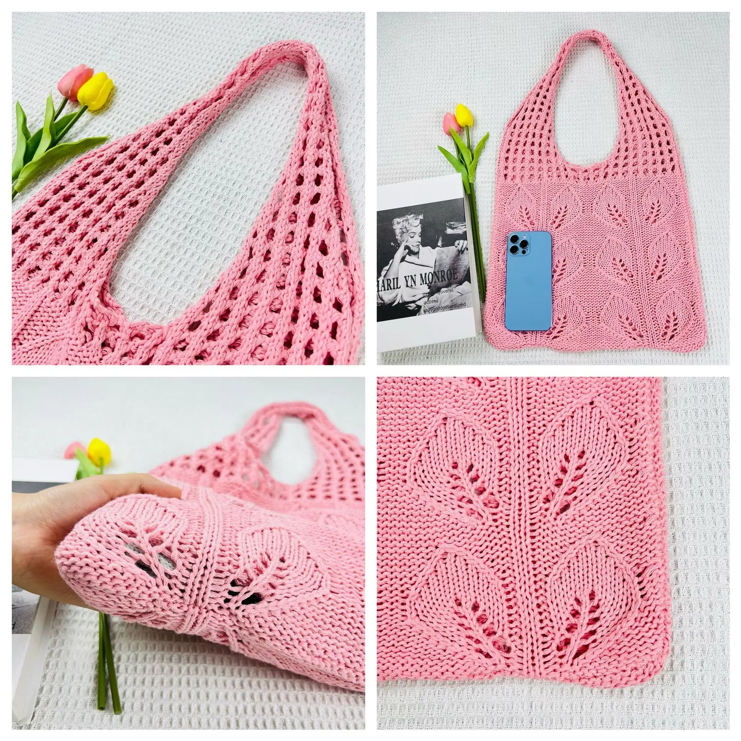 Knitted Handbags Beach Bags Lightweight Students Shoulder Casual Tote Female Style Shopping Woven Bags For Women Girls