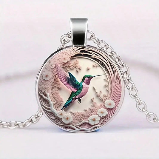 Cute Round Hummingbird Glass Dome Cabochon Pendants Necklaces Fashion Bird Rainforest Jewelry Accessories