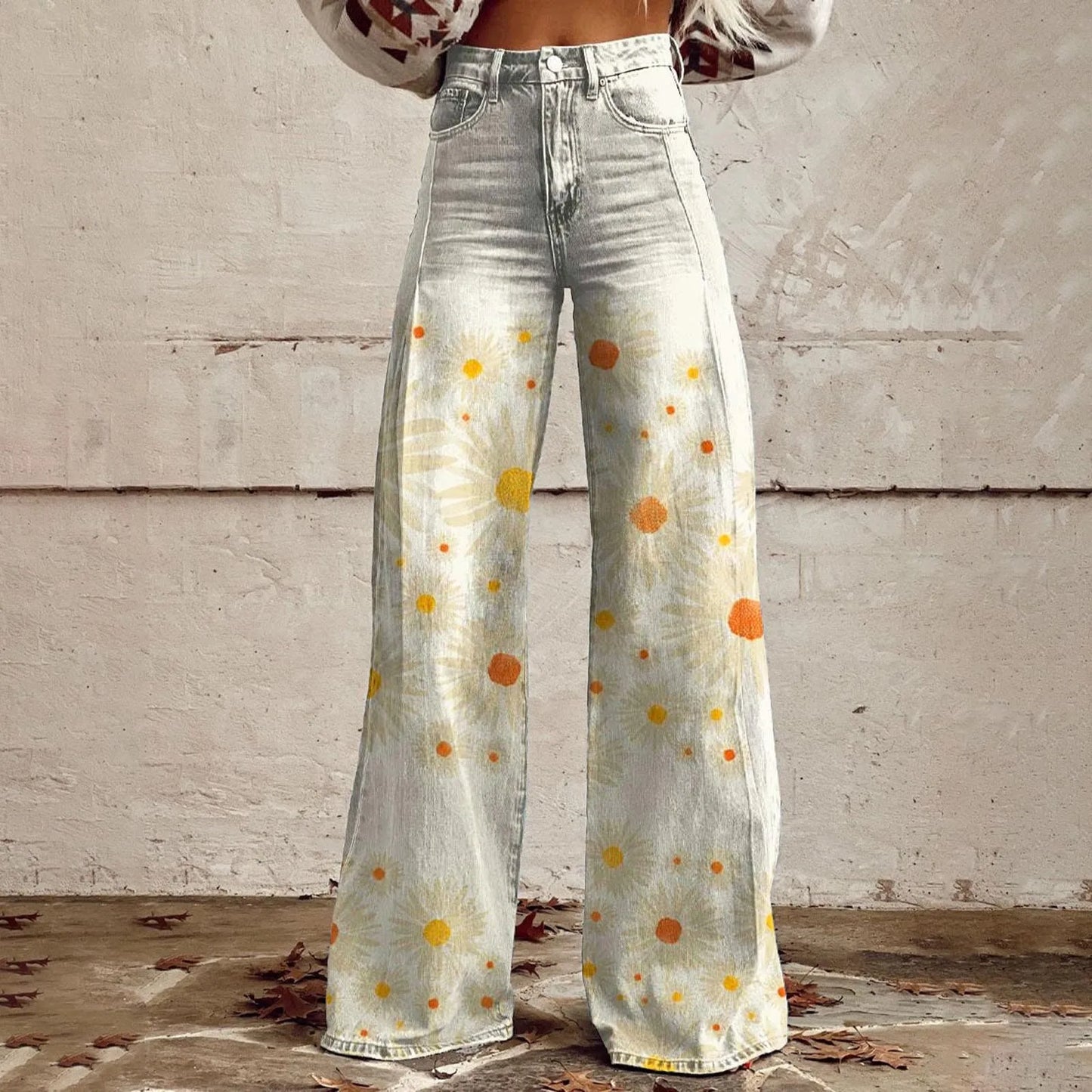 Loose Fit Comfort Vintage Wide Leg Jeans Fashion High Waisted Casual Denim Pants 90s Floral Printed Baggy Trousers Women