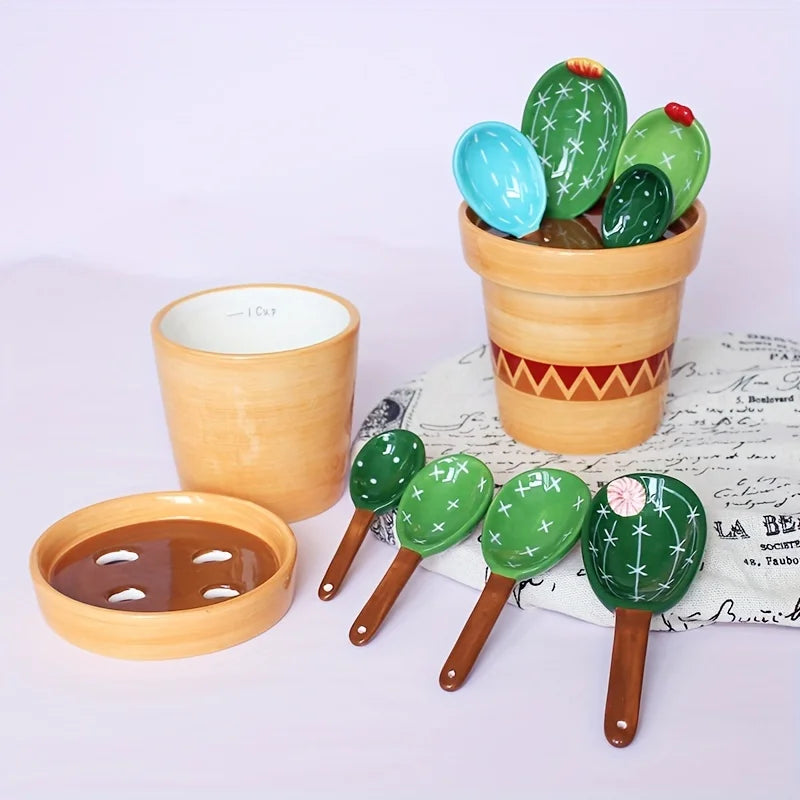 1set Ceramic Cactus Measuring Spoons Set Adorable Functional Kitchen Utensils with Holder Cup Unique Home Ornament Measuring Cup