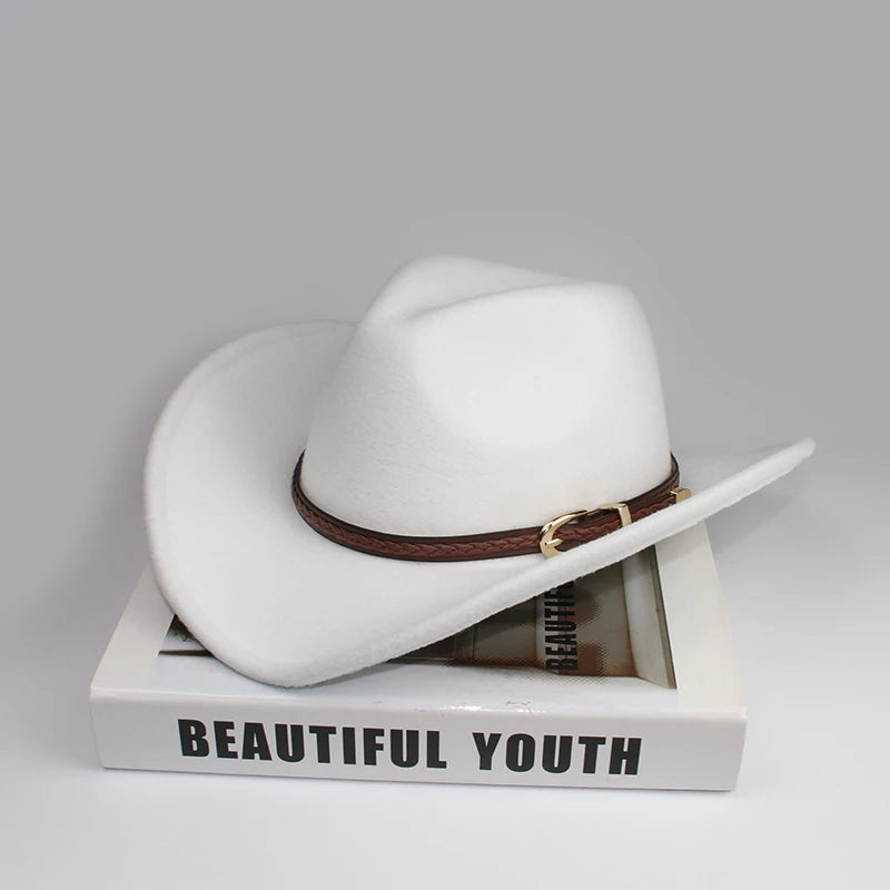 Coffee Leather Band Vintage Parent-child Women Men /Kid Child Wool Wide Brim Cowboy Western Hat Cowgirl Bowler Cap (54-57-61cm)