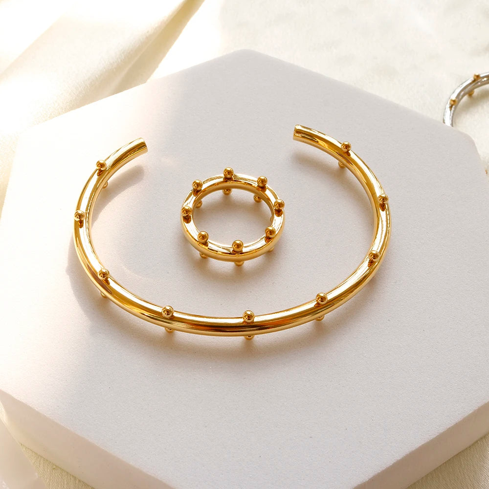 Luxury Jewelry Set Stainless Steel Bangle Bracelet Finger Ring Hoop Earrings With Mini Balls For Women Men Fashion Jewelry Gifts