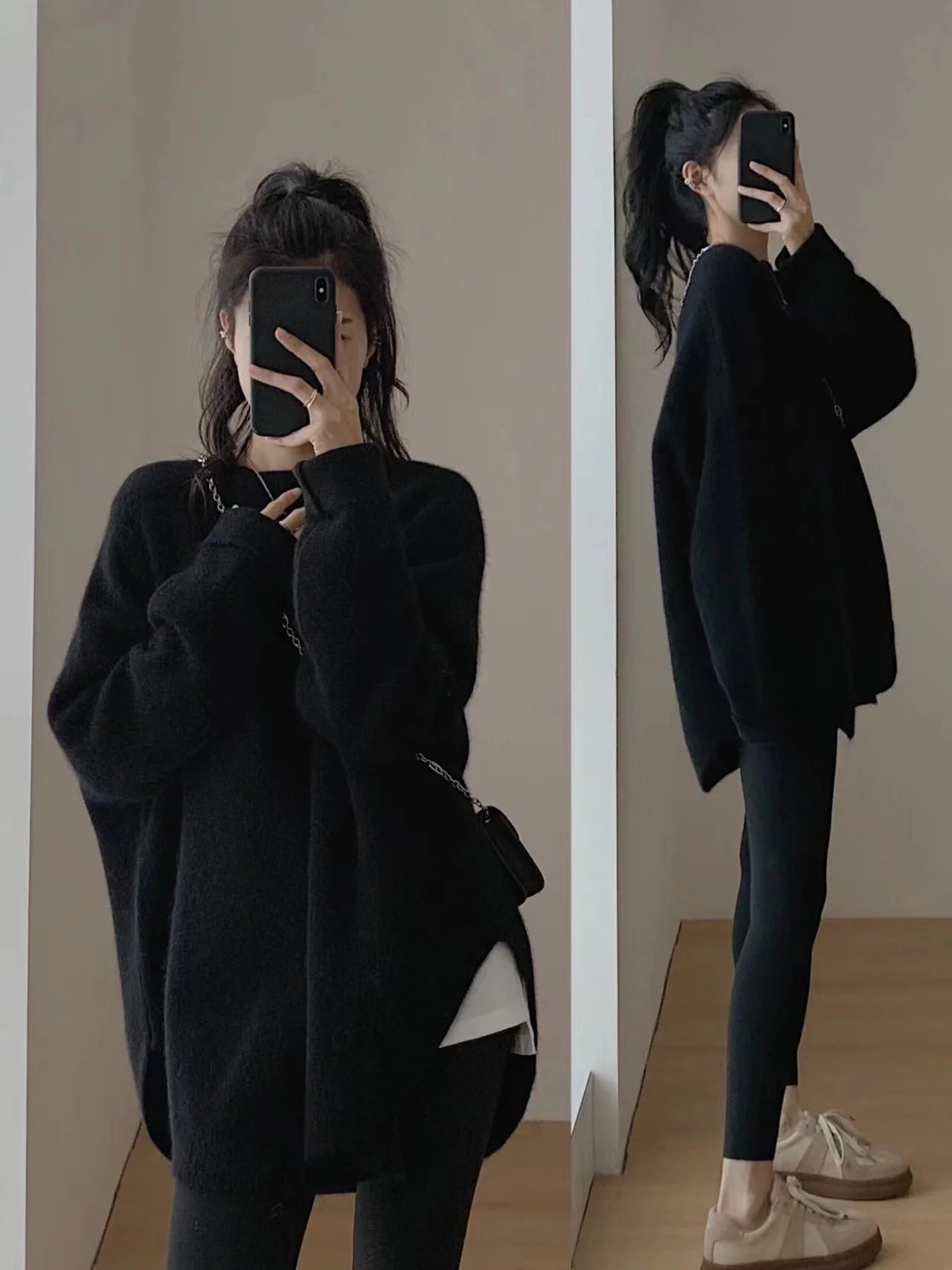 Korean women's mid to long pure wool pullover knitted sweater autumn winter 2024, fashionable and loose large size cashmere tops