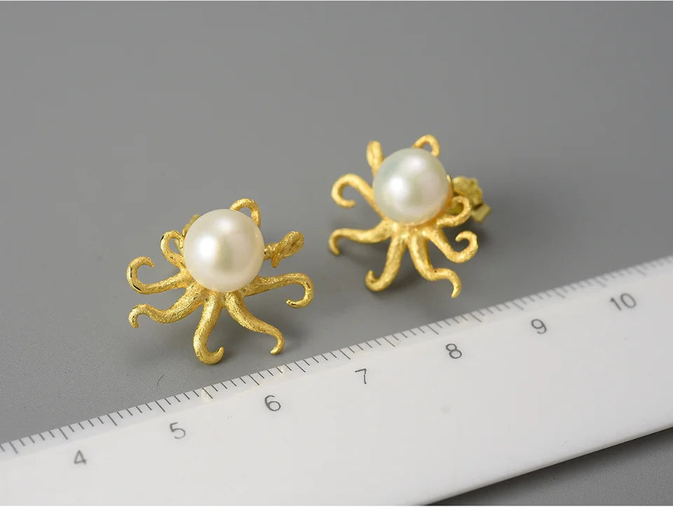 Lotus Fun Creative Octopus Natural Pearl Stud Earrings for Women Real 925 Sterling Silver Original Statement Luxury Fine Jewelry