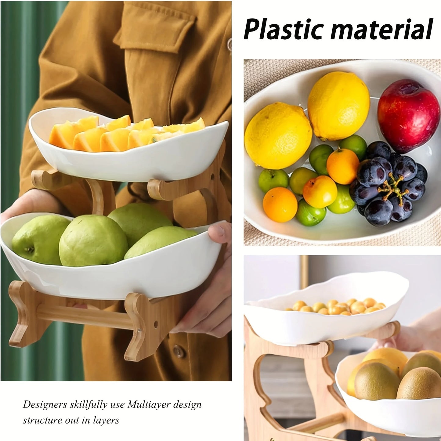 2 Tier Plastic Fruit Bowl with Bamboo Wooden Shelf for Kitchen Counter for Vegetable Storage Fruit Basket Snack Tray Shelf