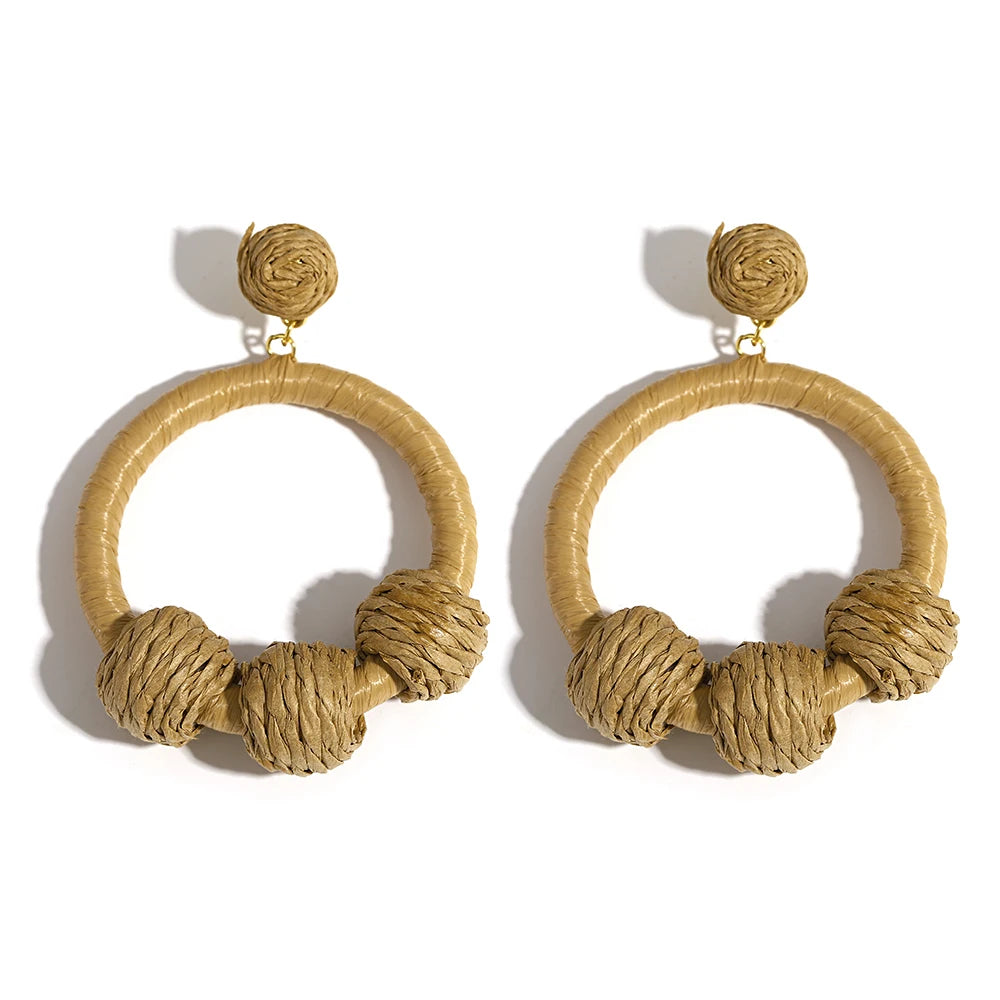 AENSOA Bohemia Handmade Raffia Rattan Braid Wooden Big Large Drop Earrings for Women Boho Jewelry Exaggerated Ethnic Earring