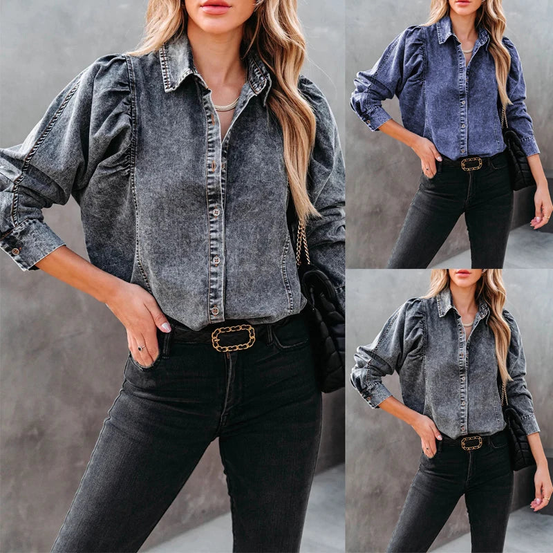 Girl Blouse Puff Long Sleeve Boho Denim Shirts Women Tops Vintage Cotton Blusas Casual 2023 Spring Autumn Loose Cowboy Shirt