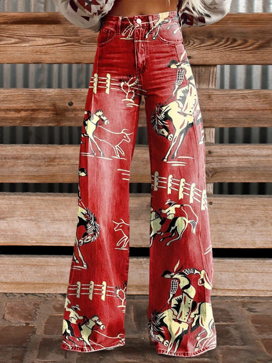 Vintage Cowboy Print Casual Wide Leg Pants