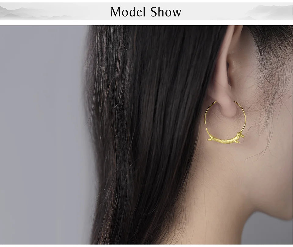 Lotus Fun 18K Gold Female Flying Dachshund Dog Big Round Hoop Earrings 2021 Trend New Real 925 Sterling Silver Women Jewelry