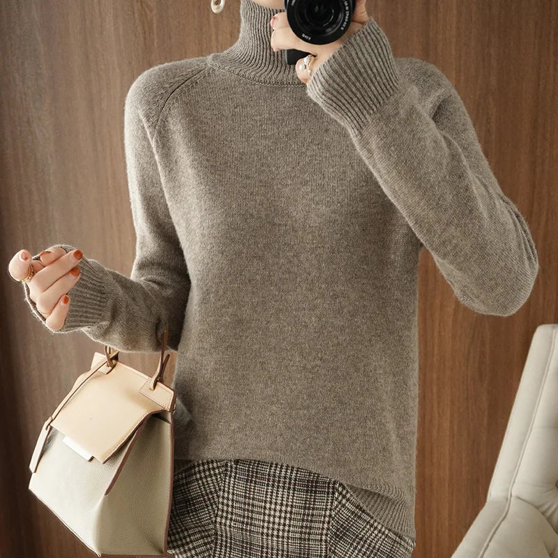 Fashion Basic Autumn Winter  Merino Wool Sweater Mock Neck Cashmere Pullover  Solid Color Soft Long Sleeve Clothing Tops