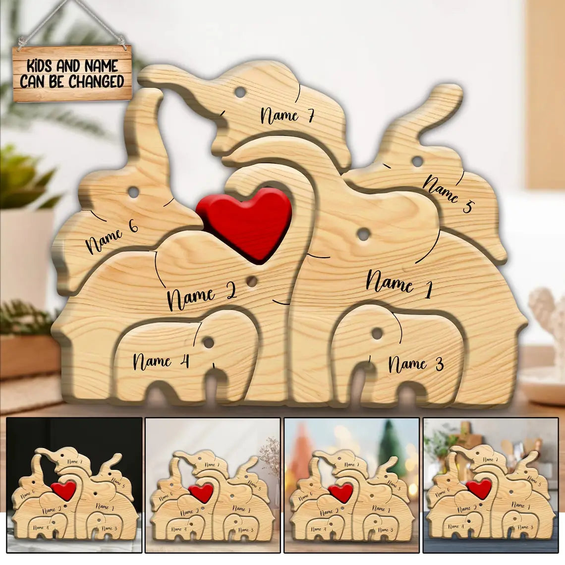 Personalized Elephant Family Wooden Puzzle Love Animal Wood Puzzle Custom Family Name Sculpture Free Engraving Decor Gifts Valentines Gift