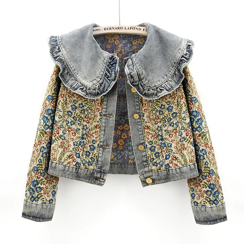 Spring Fashion Jacquard Embroidery Denim Jacket Women Loose Short Blue Cowboy Outwear Peter Pan Collar Jeans Jacket Coat Female