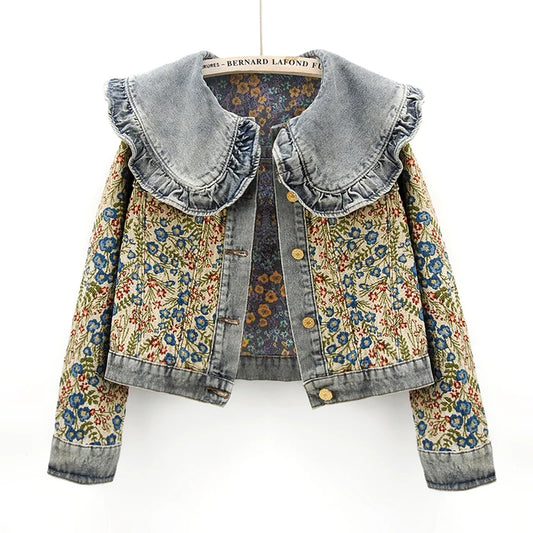 Spring Fashion Jacquard Embroidery Denim Jacket Women Loose Short Blue Cowboy Outwear Peter Pan Collar Jeans Jacket Coat Female