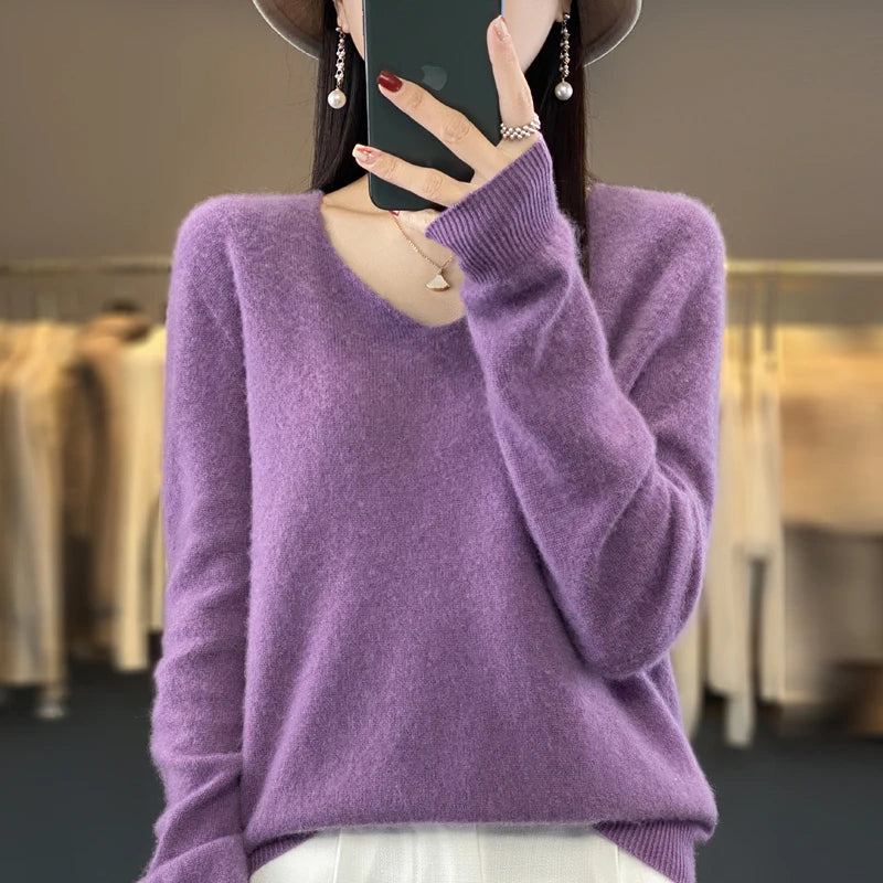 100% pure wool cashmere sweater women's V-neck pullover casual knit top autumn and winter women's coat Korean fashion