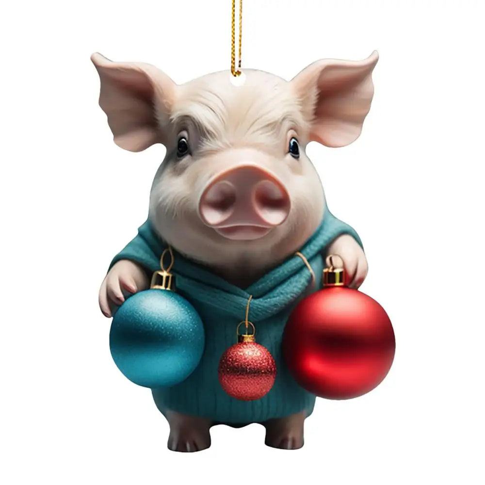 2D Acrylic Funny Pig Pendant With Lanyard Cute Cartoon Christmas Ornaments For Trees Doors Party Supplies Home Decoration