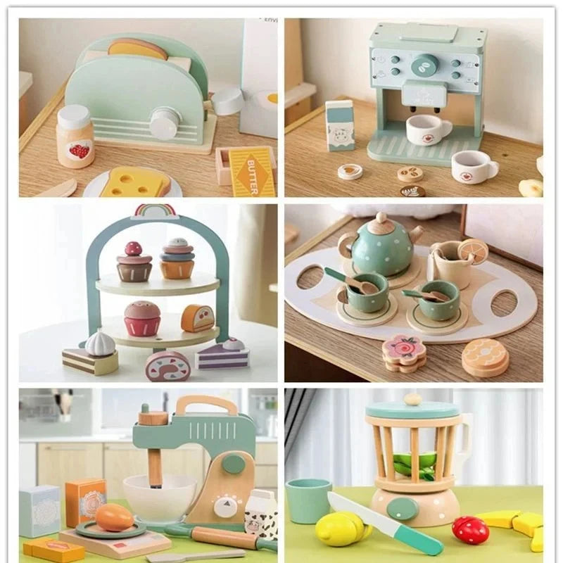 Wooden Kitchen Pretend Play Toy Tea Party Set for Little Girls Coffee Maker Set Cake Ice Cream Tea Playset for 3 4 5 6 Ages Girl