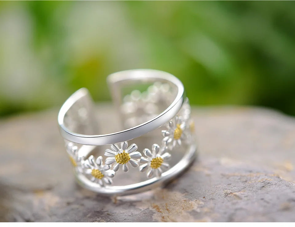 Lotus Fun Elegant Little Daisy Flower Adjustable Rings for Women Real 925 Sterling Silver Original Luxury 18K Gold Fine Jewelry