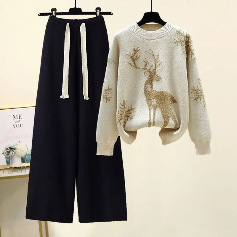 Autumn and Winter Set Women's New Western Style Knitted Sweater Women's Loose and Slimming Casual Pants Two Piece Set Fashion