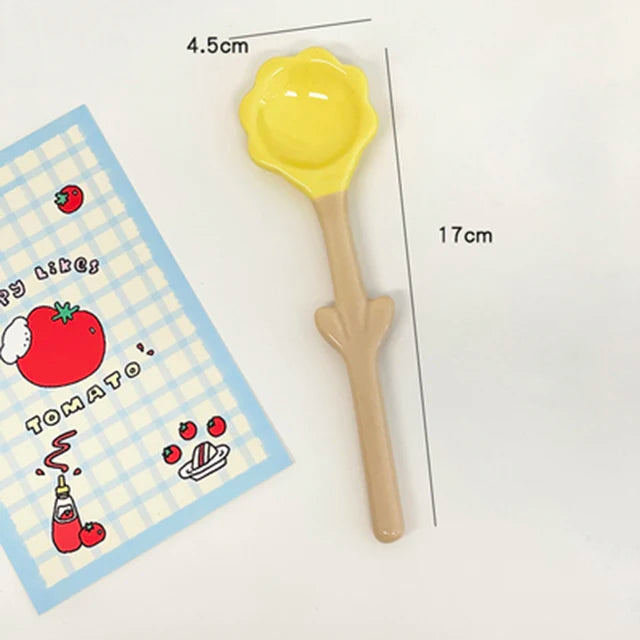 Kawaii Ceramic Flower Spoon Tulip Shaped Cute Milk Ice Cream Dessert Soup Spoon With Long Handle Kitchen Tableware Accessories