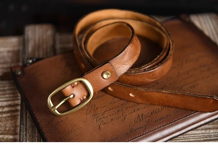 Retro Narrow Genuine Leather Women's Belt Pure Copper Button Western Cowboy Style Versatile Jeans Belt Fashion Luxury Women Belt