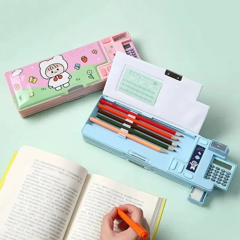 Creative Multi-functional Plastic Stationery Box for Primary School Students Double-sided Magnetic Pencil Calculator Sharpener