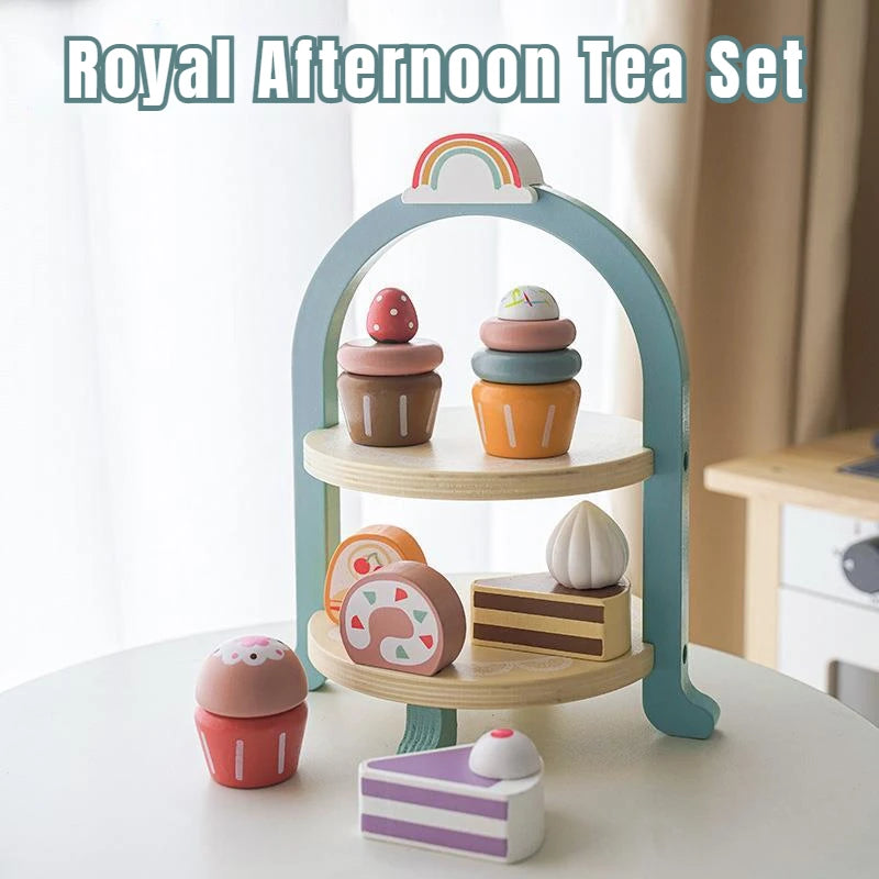 Royal Afternoon Tea Set Pretend Play Wooden Toys Kitchen Cake Role Play Parent-child Learning Educational Toys For Children Gift