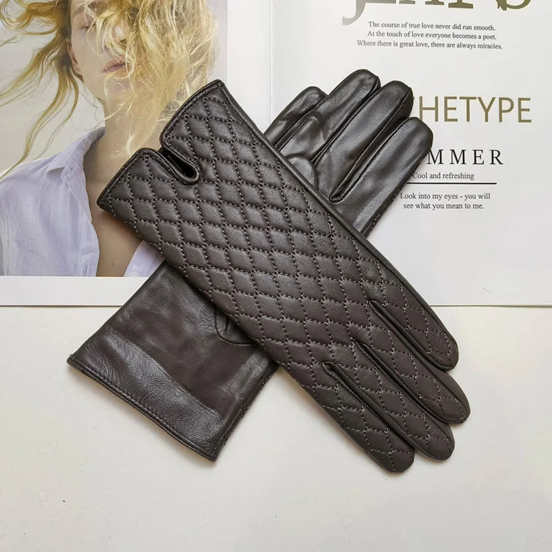 Women's sheepskin gloves with touch screen insulation and velvet lining for windproof riding and driving gloves