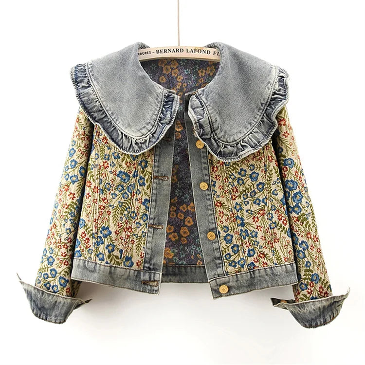 Spring Fashion Jacquard Embroidery Denim Jacket Women Loose Short Blue Cowboy Outwear Peter Pan Collar Jeans Jacket Coat Female