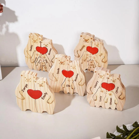 2024 Family Wooden Lovely Bears Puzzle Personalized Family Names Hug Bears Ornaments Christmas Gift Wooden Figurines Home Decor Valentines