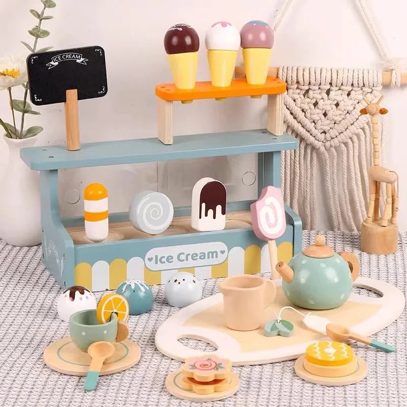 Kids Wooden Toy Ice Cream Counter Playset Tea Party Set Toy Montessori Pretend Play Kitchen Toy Role Play Game for Children Gift