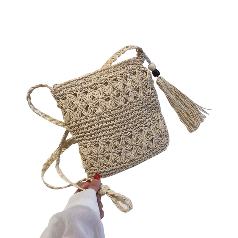 Women Beach Woven Straw Shoulder Messenger Bag with Tassel Boho Hollow Out Crochet Crossbody Handbag Macrame Purse