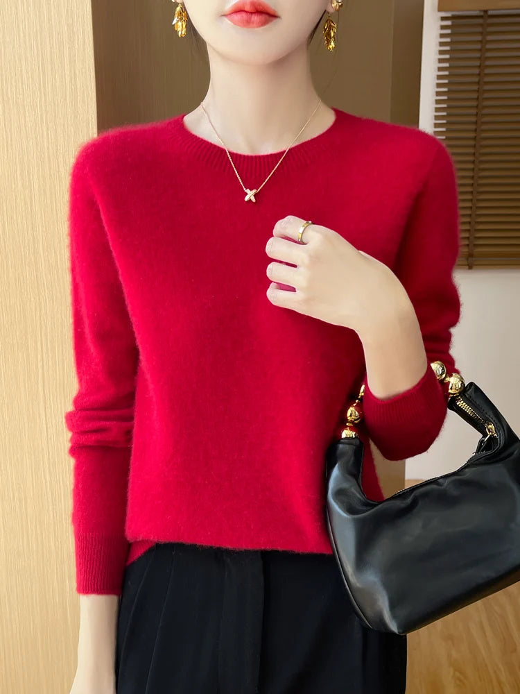 Autumn Winter Women Clothing O-Neck Pullover 100% Merino Wool Sweater New Fashion Cashmere Tops Bottoming Long Sleeve Knitwear