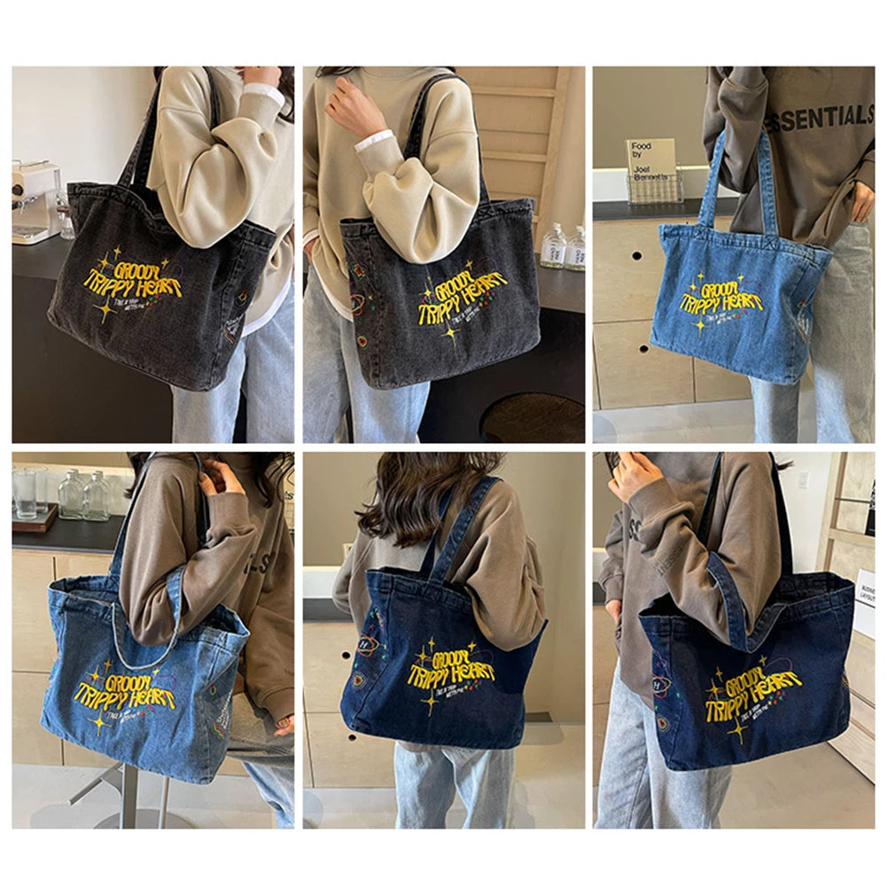 Denim Shoulder Bag Canvas Embroidered Letters Handbag Casual Travel Shopper Retro Hobo Bag Large Capacity Shoulder Underarm Bag Valentines Gift