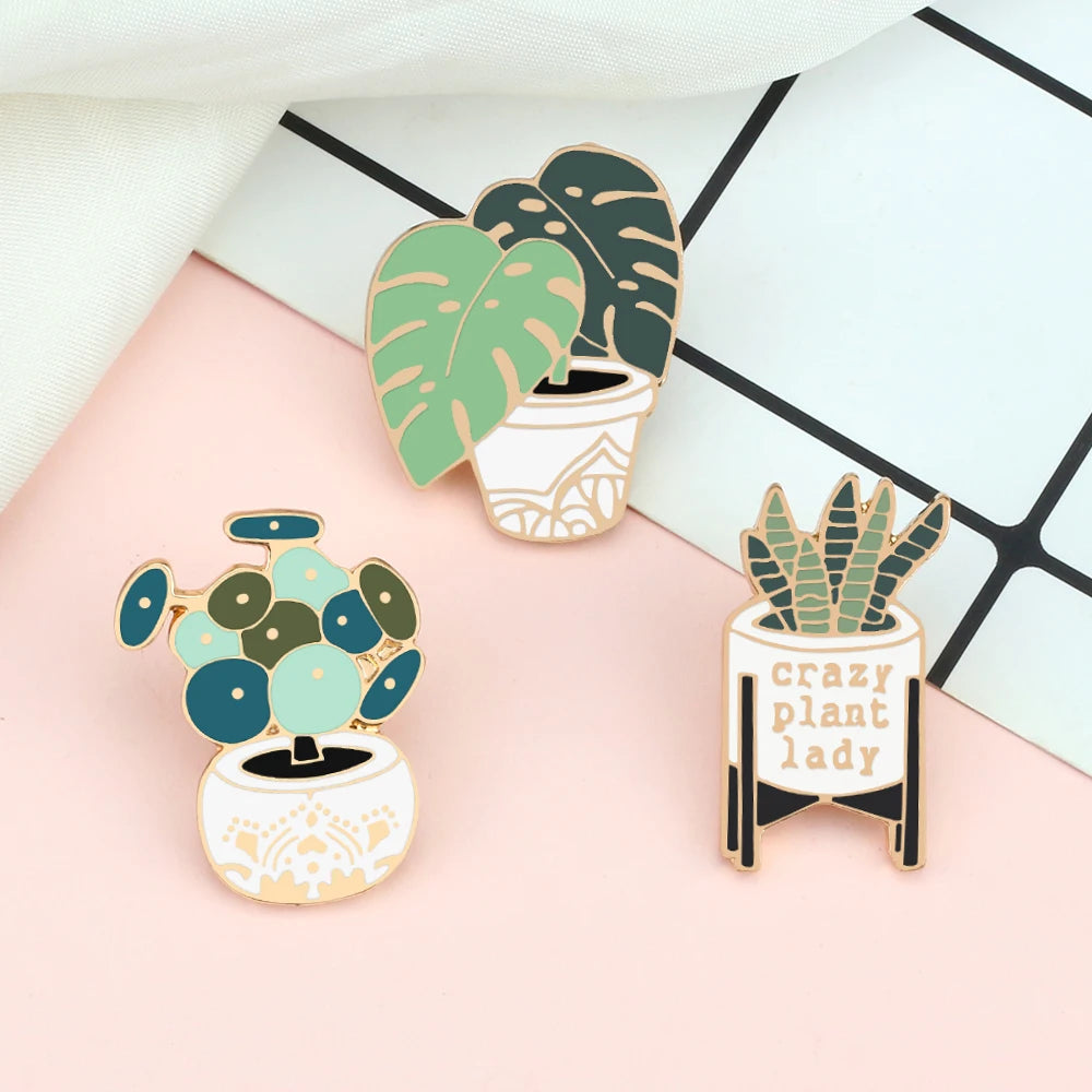 Crazy Plant Lady Brooches Green Succulents Aloe Potted Plants Enamel Badge Creative Cartoon Bag Backpack Lapel Pins Jewelry Gift